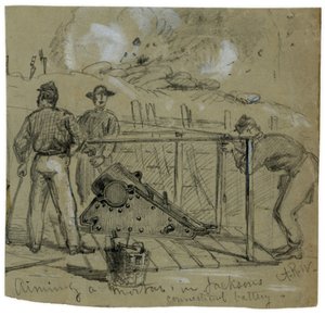 Het richten van een 8-inch Union belegeringsmortier in de loopgraven buiten Petersburg, Virginia, geschetst door Alfred R. Waud door Alfred Rudolph Waud
